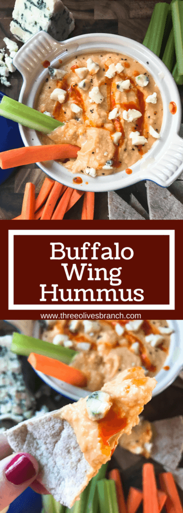 Less than 10 minutes, this hummus is a great healthy snack or appetizer for your big game! Fast and easy to make, full of protein. A simple dish to make in advance. Vegetarian, vegan friendly, perfect for football and Super Bowl parties. Buffalo Wing Hummus | Three Olives Branch | www.threeolivesbranch.com