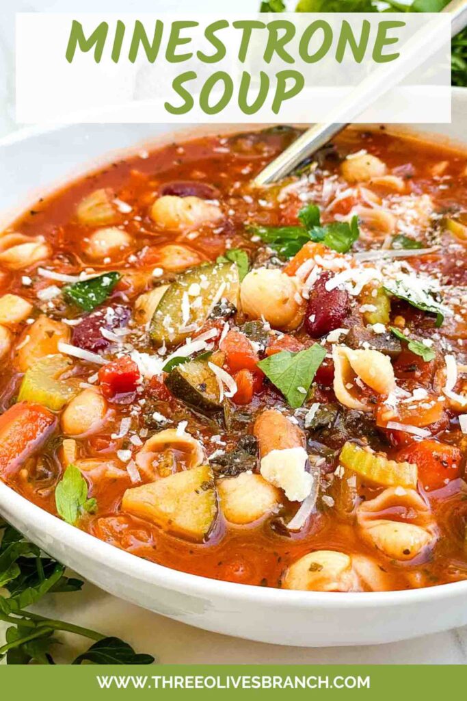 Pin of Italian Minestrone Soup in a white bowl with title at top.