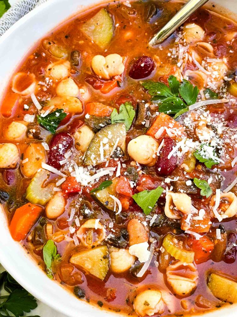 Looking down closely on a bowl of Italian Minestrone Soup.
