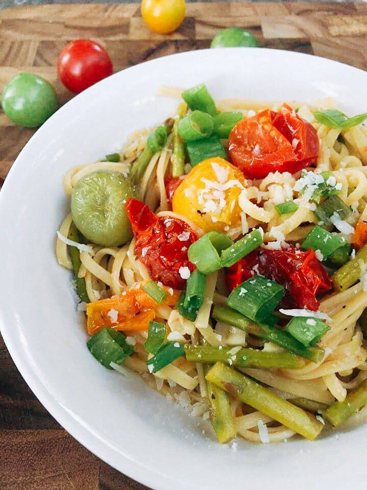 Loaded with veggies, this pasta is a great way to get your carb fix while packed with vegetables. A light white wine sauce makes this pasta perfect for any season or occasion.