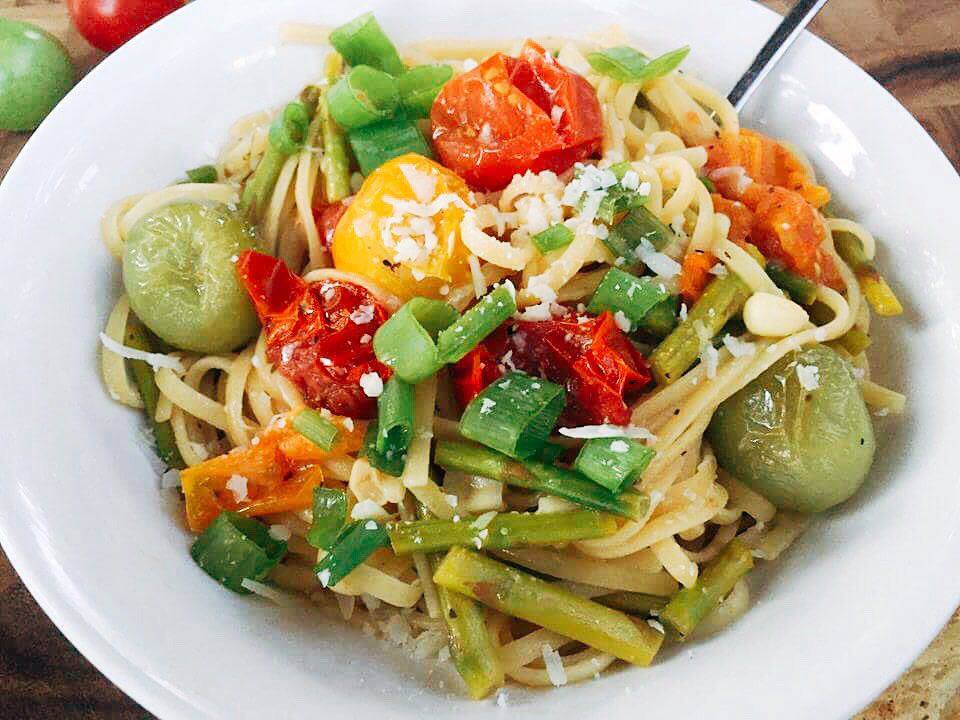 Loaded with veggies, this pasta is a great way to get your carb fix while packed with vegetables. A light white wine sauce makes this pasta perfect for any season or occasion.