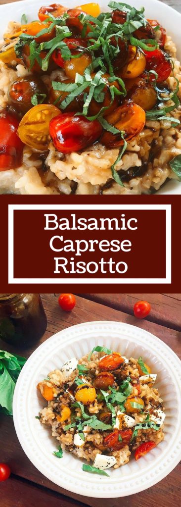 Balsamic Caprese Risotto is a unique twist on a classic Italian comfort food recipe. The gooey mozzarella is cut by the acidity of the balsamic vinegar, brightened up with fresh basil and fresh cherry tomatoes. All on a creamy vegetarian Parmesan cheese risotto. A house favorite! #italian #risotto #caprese