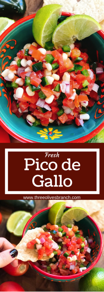 Fresh pico de gallo is an easy to make appetizer or dip! Perfect for Mexican night, this fresh salsa is full of bright flavors. Make in advance for an easy salsa or topping. Vegan, vegetarian, gluten free. Fresh Pico de Gallo | Three Olives Branch | www.threeolivesbranch.com