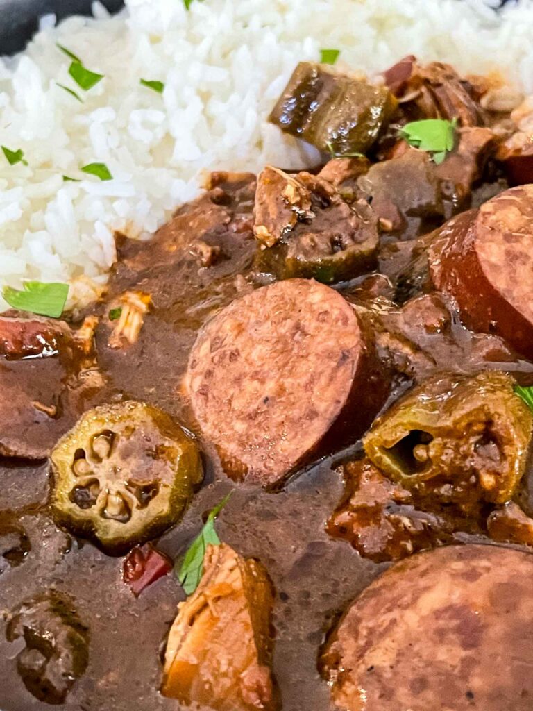 Close view of the gumbo in a bowl