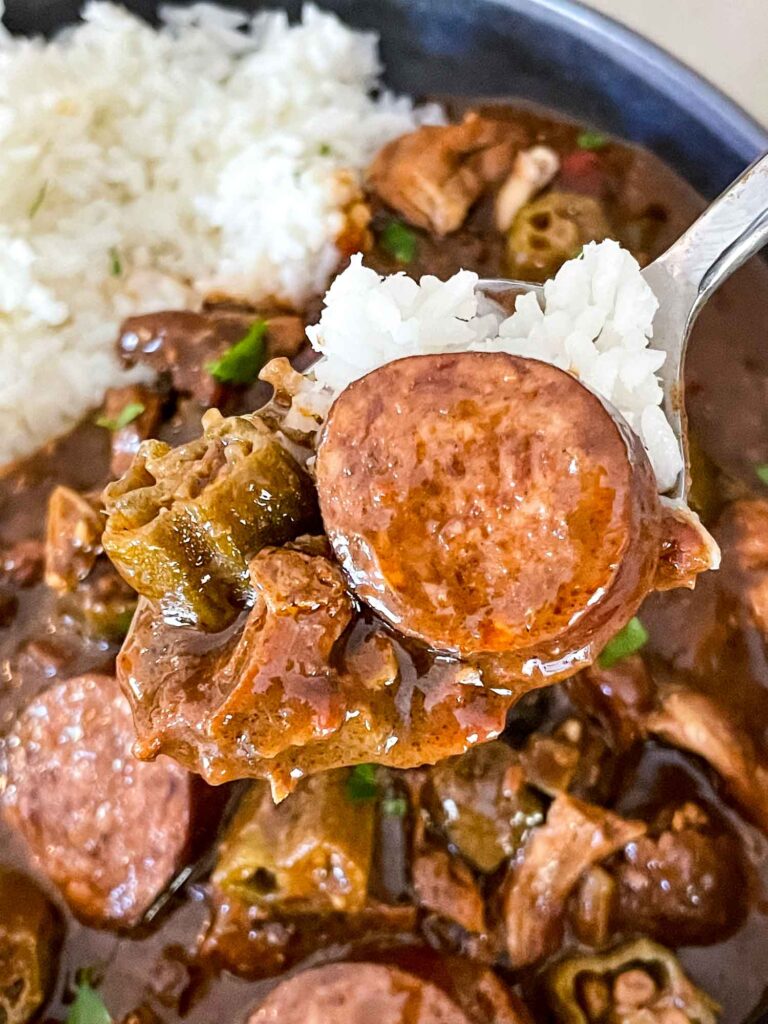 A spoon with some gumbo and rice on it