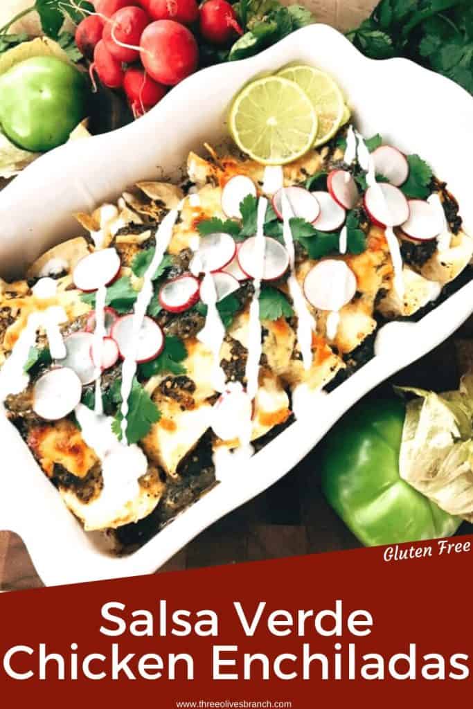 Pin Image for Salsa Verde Green Enchiladas with Chicken in a white dish with title at bottom