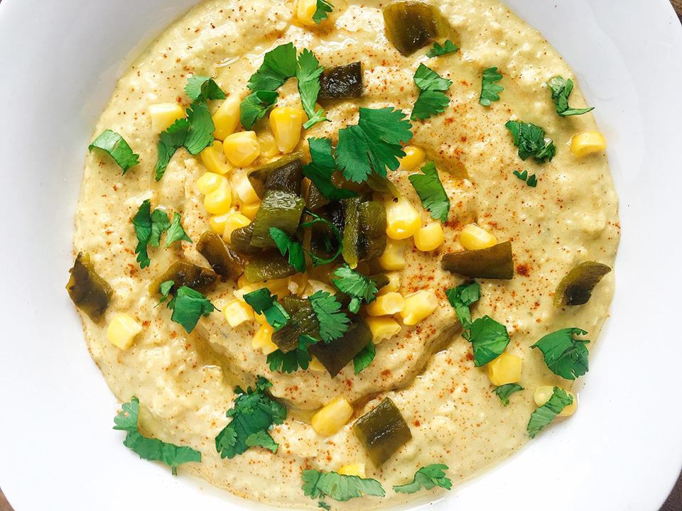 Don't buy hummus when it is so easy to make your own! Ready in just a few minutes, this hummus combines the smoky flavor of roasted Poblano peppers with sweet corn and lime juice to bring a Mexican twist to traditional hummus. | Three Olives Branch