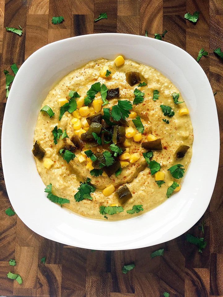 Don't buy hummus when it is so easy to make your own! Ready in just a few minutes, this hummus combines the smoky flavor of roasted Poblano peppers with sweet corn and lime juice to bring a Mexican twist to traditional hummus. | Three Olives Branch