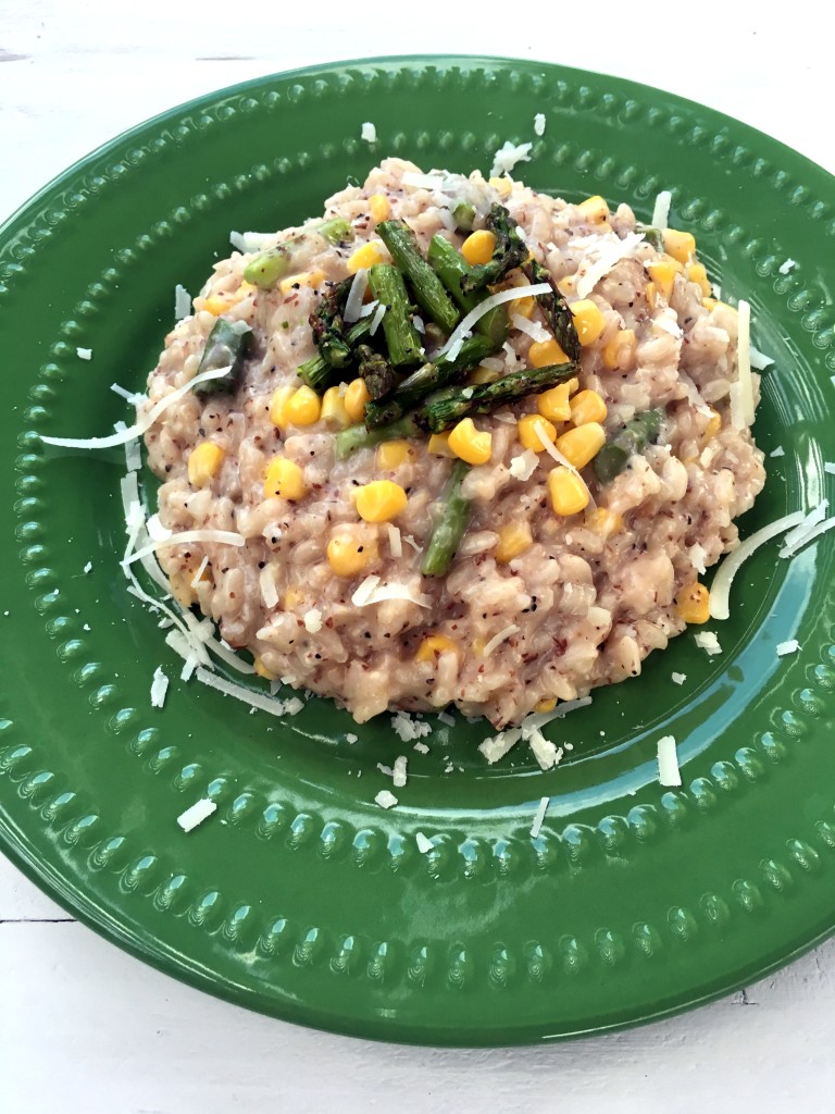 This Parmesan based risotto highlights the sweetness of the corn and roasted asparagus. Vegetarian. | Three Olives Branch