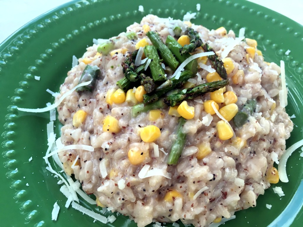 This Parmesan based risotto highlights the sweetness of the corn and roasted asparagus. Vegetarian. | Three Olives Branch