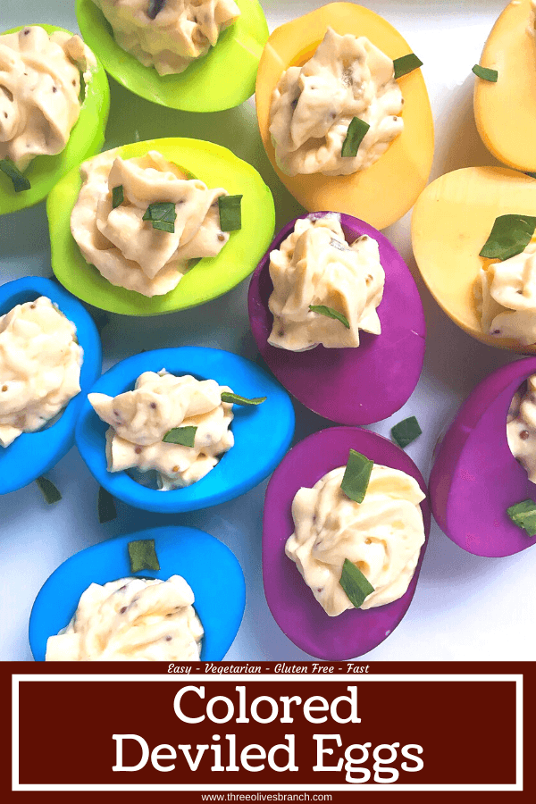 Pin of Colored Deviled Eggs in a pile with title