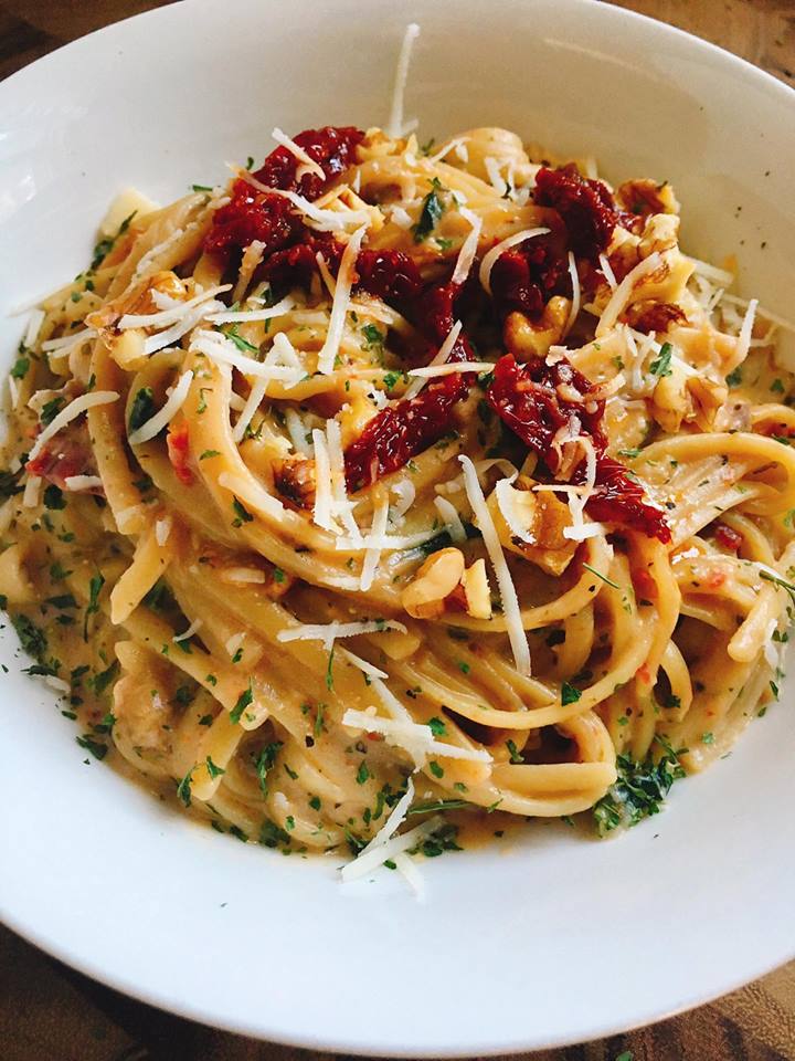 This quick and easy pasta is a great alternative when you want something a little different. A Parmesan cream sauce is the base for letting the walnuts and sun-dried tomatoes shine. Plus it is a great way to use up some of those pantry ingredients! Add some sausage or chicken for the meat lovers. | Three Olives Branch