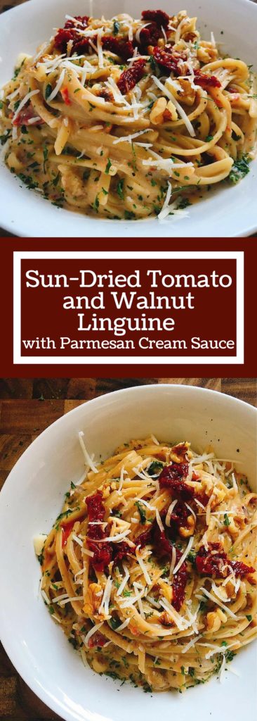 This quick and easy pasta is a great alternative when you want something a little different. A Parmesan cream sauce is the base for letting the walnuts and sun-dried tomatoes shine. Plus it is a great way to use up some of those pantry ingredients! Add some sausage or chicken for the meat lovers. | Three Olives Branch