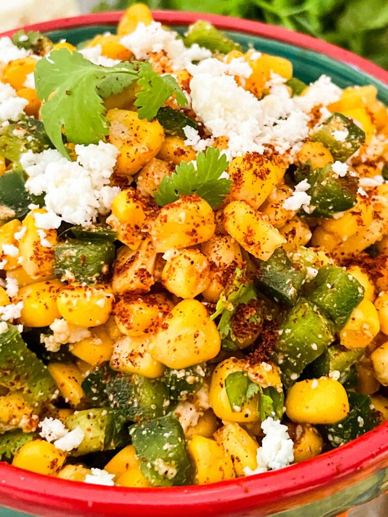 Close view of Mexican Street Corn Salsa (Esquites) in a bowl
