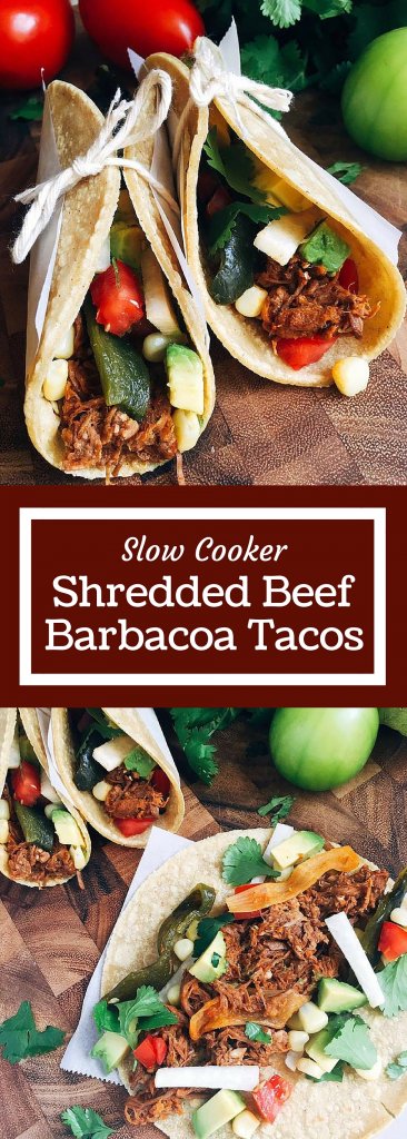 Just 5 minutes to throw everything in a slow cooker will give you an amazing Barbacoa packed full of flavor! These tacos and quick and customizable to please even picky eaters. Check out the post for a time saving hack to shred all this beautiful meat! Shredded Beef Barbacoa Tacos are gluten free. #shreddedbeef #beeftacos #mexicanrecipes #tacotuesday