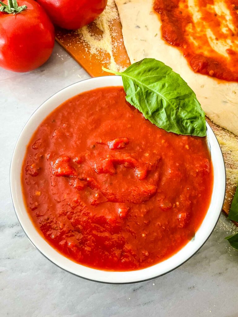 Top view of Homemade Pizza Sauce in a bowl