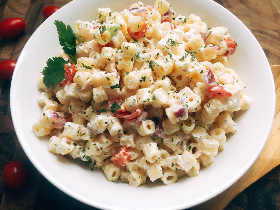 Simple Macaroni Salad is a quick side dish recipe for summer BBQ and grilling parties like Memorial Day, 4th of July, and Labor Day. Red onion, celery, and tomato are mixed with ditalini pasta in a creamy, tangy sauce. #pastasalad #macaronisalad #bbqsides