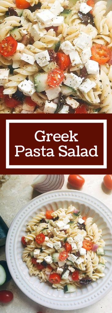This Greek Pasta Salad is a light, kid-friendly, and unique side dish that will be a hit at all of your BBQs and parties. Easy to make and ready in just 15 minutes! | Three Olives Branch