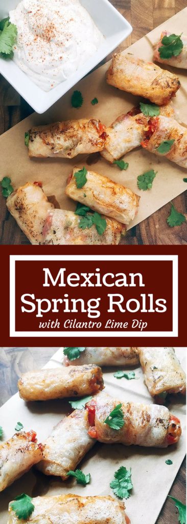 These Mexican Spring Rolls are a fun twist on appetizers and snacks. Pico de gallo is wrapped inside spring roll wrappers for Mexican-Asian fusion. The cool Cilantro Lime Dip is a perfect for dunking! They will be gone in seconds! | Three Olives Branch