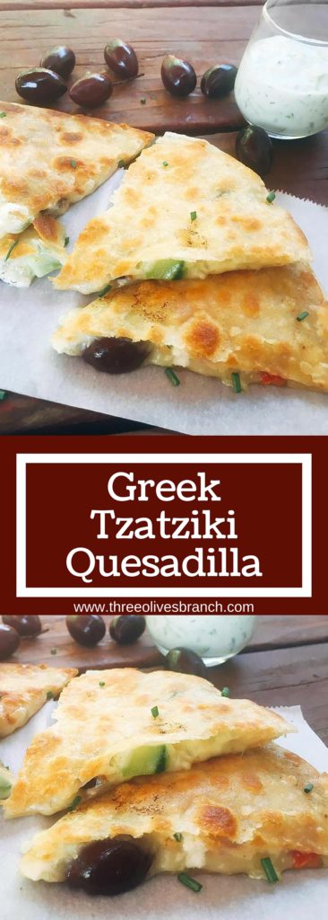 Ready in just 10 minutes! Greek Tzatziki Quesadilla is a great way to sneak some veggies into a fun snack or meal! All the flavors of Greek salad in quesadilla form with some tzatziki sauce inside for extra flavor and dipping. Vegetarian recipe | Three Olives Branch | www.threeolivesbranch.com.