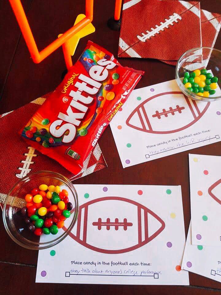 A fun homegating football game! Pick a phrase or event during the game to keep track of with @Skittles as your playing pieces and see who wins! FREE Printable on site! #ad #CallAnEatible #SkittlesHomegating
