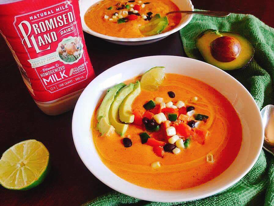 Less than 30 minutes to make this healthy and filling vegetarian soup! Perfect for cold weather and busy nights. This Southwest Sweet Potato Soup is packed with nutrition from a milk base and loaded with veggies! #ad