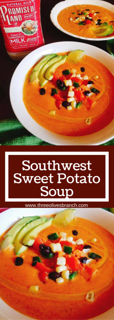 Less than 30 minutes to make this healthy and filling soup! Perfect for cold weather and busy nights. This Southwest Sweet Potato Soup is packed with nutrition from a milk base and loaded with veggies!