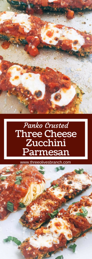 Vegetarian zucchini parm uses three cheeses and a crunchy panko breadcrumb crust to make an amazing alternative to chicken parmesan. Great for weekend meals and finding new ways to use vegetables.