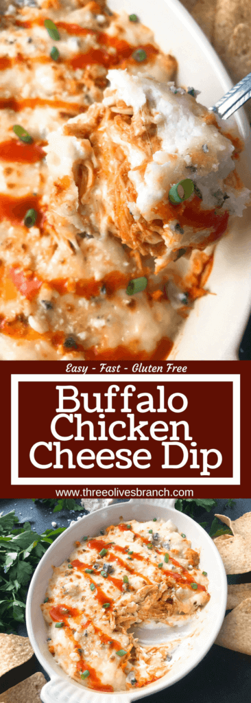 Only 15 minutes from start to finish, Buffalo Chicken is the star in this Buffalo Chicken Cheese Dip. A perfect appetizer recipe for the big game, using all the traditional flavors of buffalo wings with three cheeses. Fast, simple, and gluten free. #buffalochicken #gameday #cheesedip