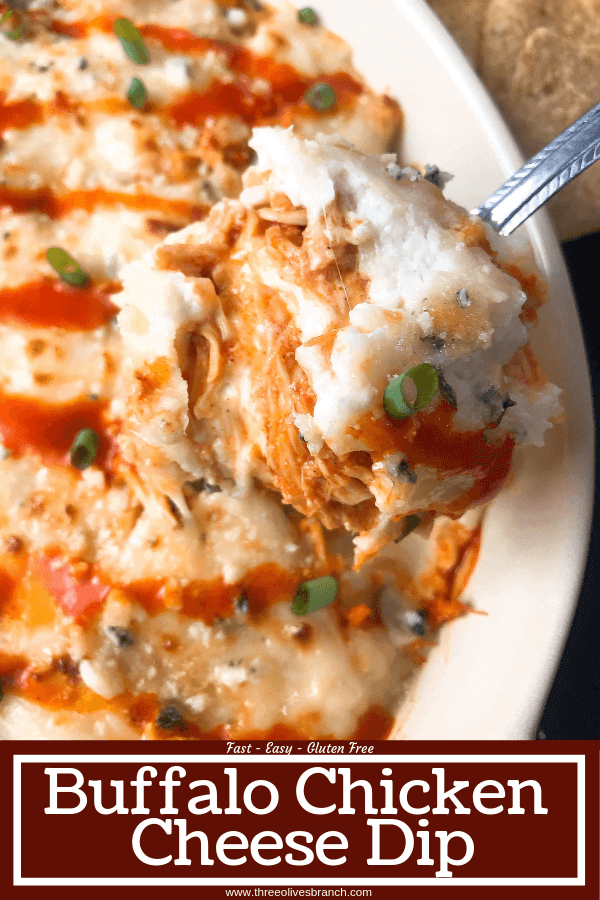 Only 15 minutes from start to finish, Buffalo Chicken is the star in this Buffalo Chicken Cheese Dip. A perfect appetizer recipe for the big game, using all the traditional flavors of buffalo wings with three cheeses. Fast, simple, and gluten free. #buffalochicken #gameday #cheesedip