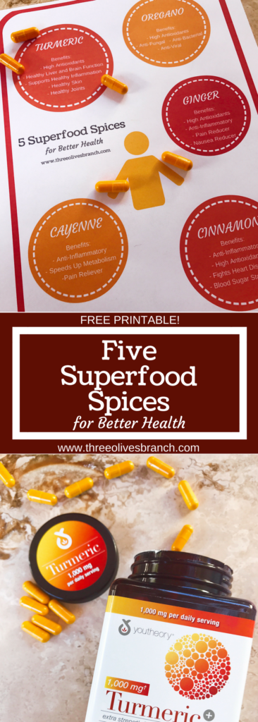 Support a healthy lifestyle with these Five Superfood Spices for Better Health! FREE printable to remind you of these powerhouse spices.