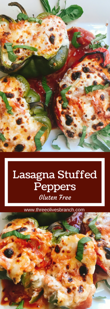 A healthier and gluten free twist on lasagna! Bell peppers are layered with ricotta cheese mixture, sauce, and zucchini for a tasty lasagna! Easy to customize and perfect for the colder weather in fall and winter. Hearty comfort food. | Three Olives Branch | Lasagna Stuffed Peppers | www.threeolivesbranch.com