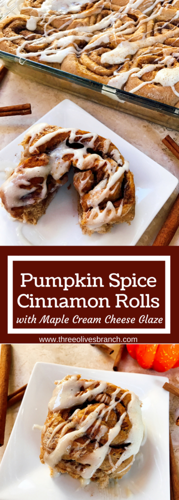 These rolls are a special treat to celebrate fall! Make them the day before for an easy morning. A great way to celebrate Thanksgiving or a special day. Pumpkin Spice Cinnamon Rolls with Maple Cream Cheese Glaze are perfect for breakfast or brunch. Make extra as they will be devoured! Vegetarian | Three Olives Branch | www.threeolivesbranch.com
