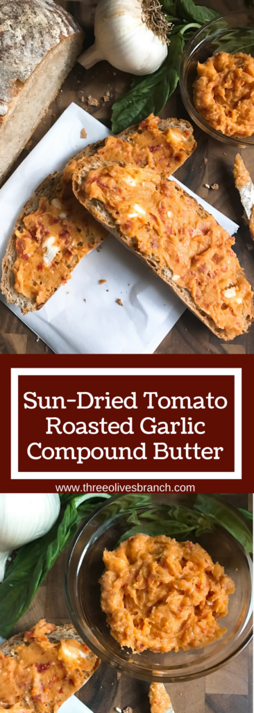 Ready in 5 minutes, this compound butter is fast and easy to make! Perfect for bread, chicken, or pasta. Vegetarian. Sun-Dried Tomato Roasted Garlic Compound Butter | Three Olives Branch | www.threeolivesbranch.com