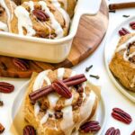 Pin of Pumpkin Spice Cinnamon Rolls with Maple Cream Cheese Glaze.