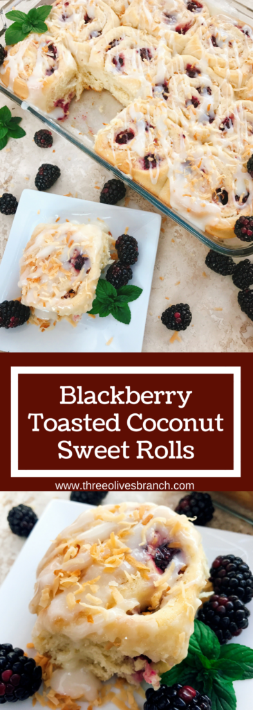 Sweet and tangy, these rolls are a special treat! Tart blackberries are paired with toasted coconut for a unique and delicious sweet roll! Perfect for breakfast or brunch and holiday mornings! Make them the day before for an easy morning. Vegetarian recipe. | Three Olives Branch | Blackberry Toasted Coconut Sweet Rolls | www.threeolivesbranch.com 