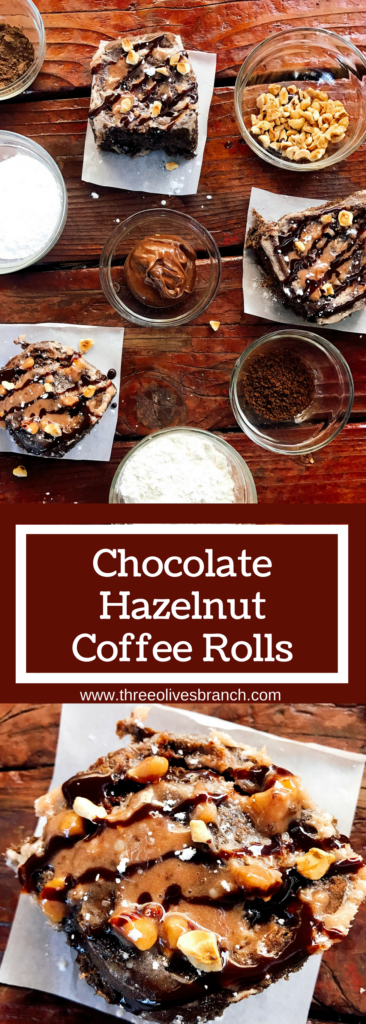 Chocolate hazelnut rolls are a decadent and sweet treat perfect for breakfast, brunch, or dessert! Make them the night before for an easy morning. A family holiday tradition, these vegetarian and kid friendly rolls are a great way to start the day. Flavored creamer makes strong flavors. Chocolate Hazelnut Coffee Rolls | Three Olives Branch | www.threeolivesbranch.com