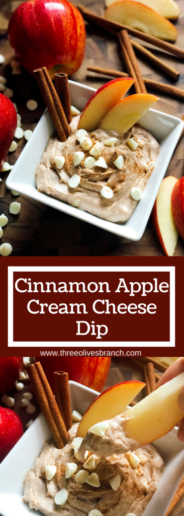 A sweet dip ready in 5 minutes! Apple and cinnamon shine in this dip that is perfect for the fall and Thanksgiving. Vegetarian, gluten free, kid friendly, and a perfect treat or snack! | Three Olives Branch | Cinnamon Apple Cream Cheese Dip | www.threeolivesbranch.com