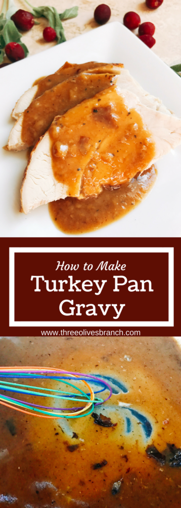 A fast and easy recipe to Learn How to Make Turkey Pan Gravy. Just a few minutes while the turkey is resting and you will have a flavorful and quick gravy for Thanksgiving, Christmas, or any holiday. Three Olives Branch | www.threeolivesbranch.com