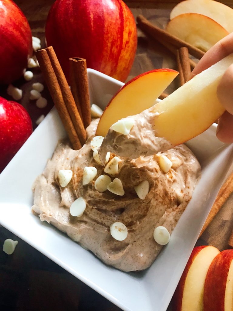 A sweet dip ready in 5 minutes! Apple and cinnamon shine in this dip that is perfect for the fall and Thanksgiving. Vegetarian, gluten free, kid friendly, and a perfect treat or snack! | Three Olives Branch | Cinnamon Apple Cream Cheese Dip | www.threeolivesbranch.com