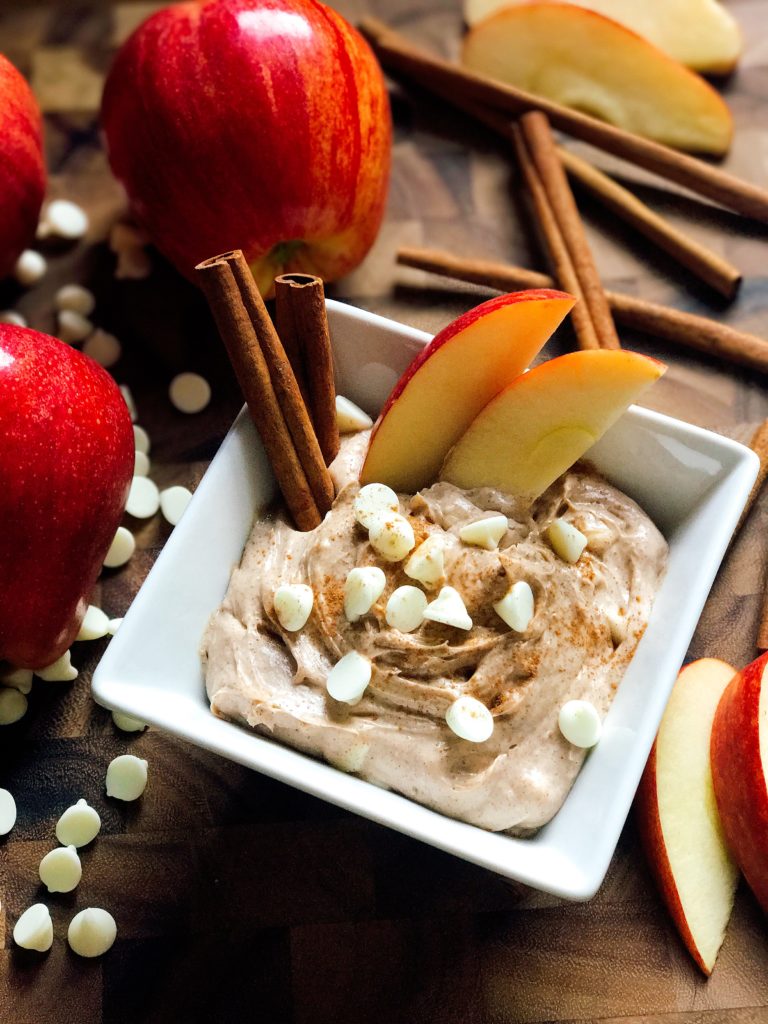 A sweet dip ready in 5 minutes! Apple and cinnamon shine in this dip that is perfect for the fall and Thanksgiving. Vegetarian, gluten free, kid friendly, and a perfect treat or snack! | Three Olives Branch | Cinnamon Apple Cream Cheese Dip | www.threeolivesbranch.com