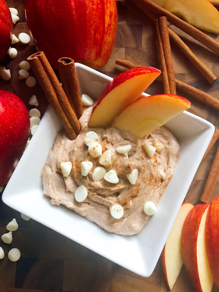 A sweet dip ready in 5 minutes! Apple and cinnamon shine in this dip that is perfect for the fall and Thanksgiving. Vegetarian, gluten free, kid friendly, and a perfect treat or snack! | Three Olives Branch | Cinnamon Apple Cream Cheese Dip | www.threeolivesbranch.com