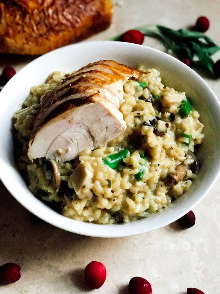 Thanksgiving leftovers are transformed into a tasty and unique risotto dish! Gluten free risotto with a Parmesan base, combined with turkey, green bean casserole, gravy, sage, and mushrooms. Use Thanksgiving leftovers in a fun new way. Kid friendly | Thanksgiving Leftovers Risotto | Three Olives Branch | www.threeolivesbranch.com | #HonestSimpleTurkey #ad