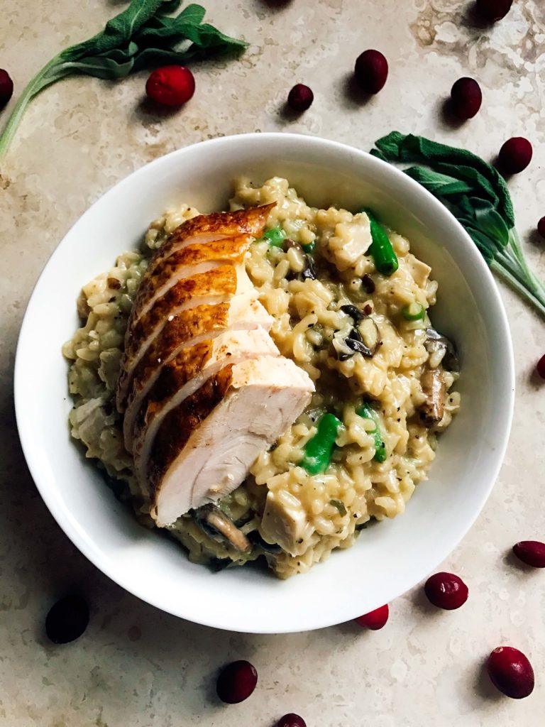 Thanksgiving leftovers are transformed into a tasty and unique risotto dish! Gluten free risotto with a Parmesan base, combined with turkey, green bean casserole, gravy, sage, and mushrooms. Use Thanksgiving leftovers in a fun new way. Kid friendly | Thanksgiving Leftovers Risotto | Three Olives Branch | www.threeolivesbranch.com | #HonestSimpleTurkey #ad