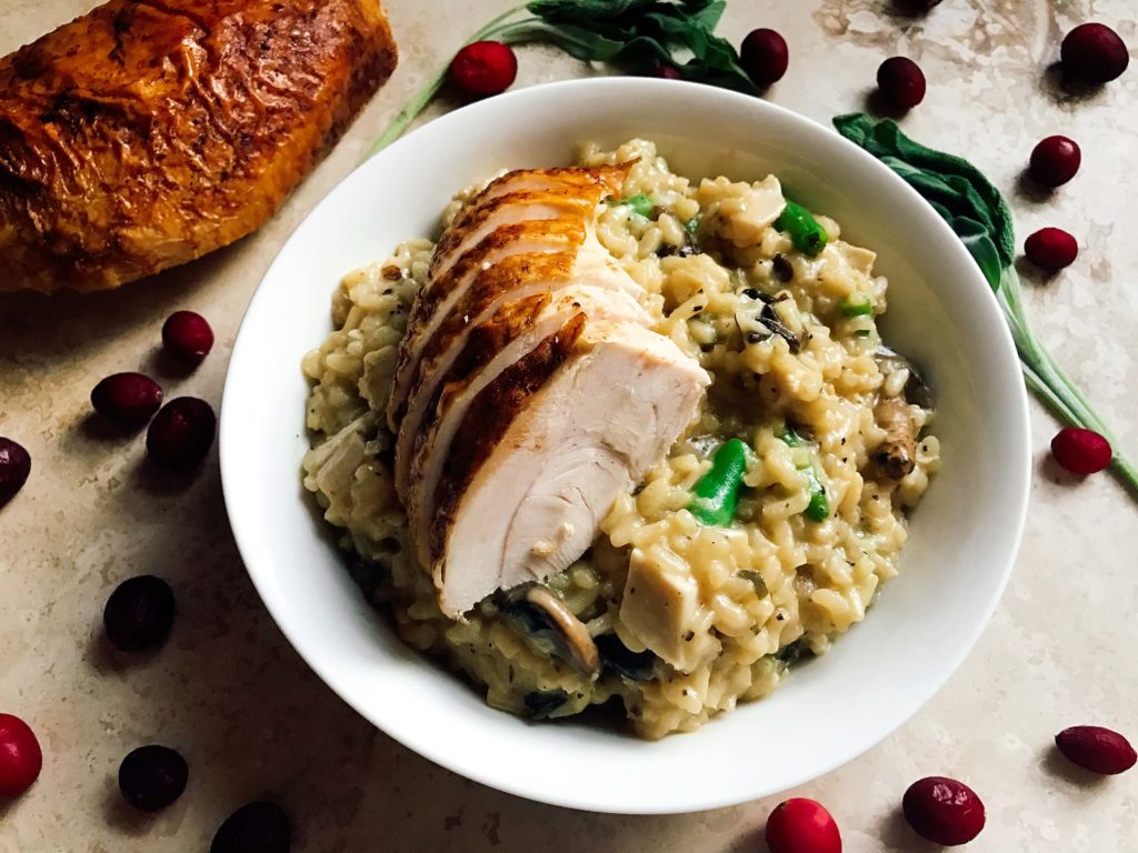 Thanksgiving leftovers are transformed into a tasty and unique risotto dish! Gluten free risotto with a Parmesan base, combined with turkey, green bean casserole, gravy, sage, and mushrooms. Use Thanksgiving leftovers in a fun new way. Kid friendly | Thanksgiving Leftovers Risotto | Three Olives Branch | www.threeolivesbranch.com | #HonestSimpleTurkey #ad