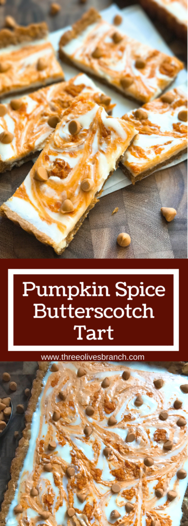 This fast and easy tart dessert recipe is perfect for busy moms and families living an on-the-go lifestyle! Just a few simple steps and this flavorful vegetarian tart will be ready to go. Perfect comfort food for fall and Thanksgiving baking! Cookie dough crust with a cream cheese filling, pumpkin puree, and butterscotch chips. Pumpkin Spice Butterscotch Tart | Three Olives Branch | www.threeolivesbranch.com #pumpkinspice #BakeHolidayGoodness #ad
