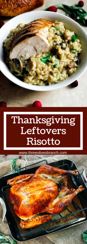 Thanksgiving leftovers are transformed into a tasty and unique risotto dish! Gluten free risotto with a Parmesan base, combined with turkey, green bean casserole, gravy, sage, and mushrooms. Use Thanksgiving leftovers in a fun new way. Kid friendly | Thanksgiving Leftovers Risotto | Three Olives Branch | www.threeolivesbranch.com | #HonestSimpleTurkey #ad
