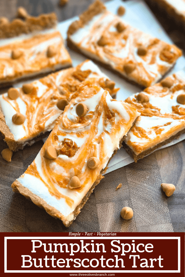 This fast and easy tart dessert recipe is perfect for busy moms and families living an on-the-go lifestyle! Just a few simple steps and this flavorful vegetarian tart will be ready to go. Perfect comfort food for fall and Thanksgiving baking! Cookie dough crust with a cream cheese filling, pumpkin puree, and butterscotch chips. Pumpkin Spice Butterscotch Tart | Three Olives Branch | www.threeolivesbranch.com #pumpkinspice #BakeHolidayGoodness #ad