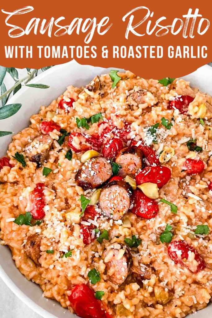 Pin of Roasted Tomato and Sausage Risotto with title.