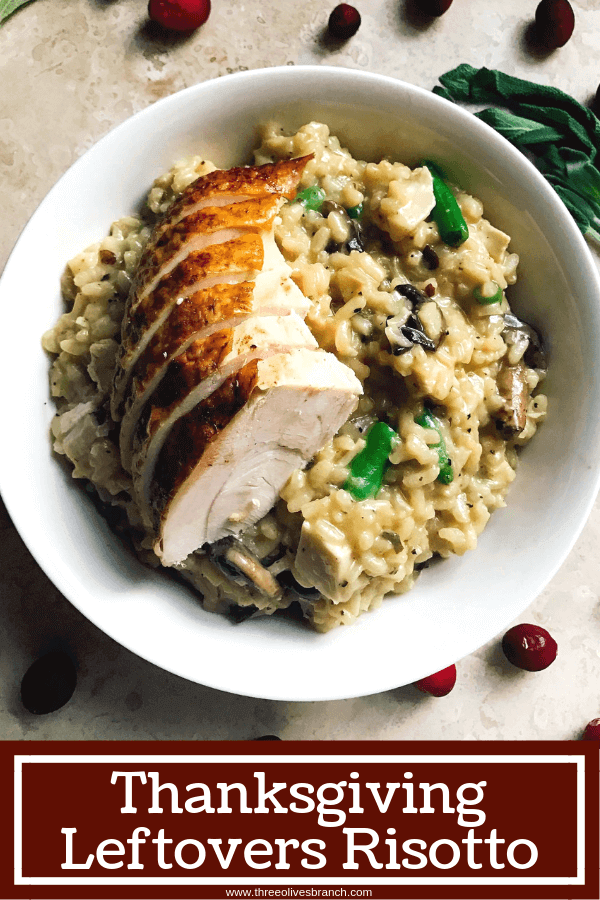Thanksgiving leftovers are transformed into a tasty and unique risotto dish! Gluten free risotto with a Parmesan cheese base, combined with turkey, green bean casserole, gravy, sage, and mushrooms. Use Thanksgiving leftovers in a fun new way. Kid friendly | Thanksgiving Leftovers Risotto | Three Olives Branch | www.threeolivesbranch.com | #HonestSimpleTurkey #ad